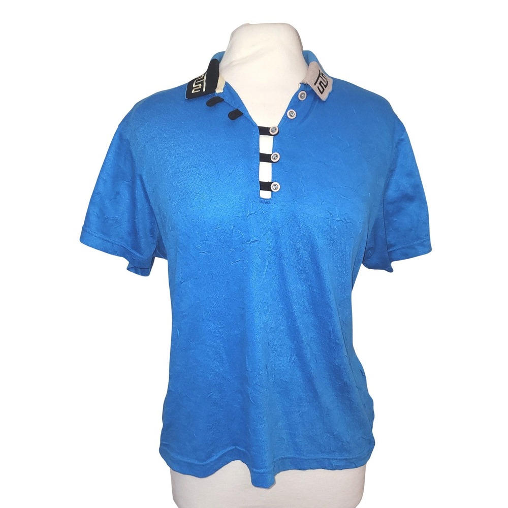 Jamie Sadock Blue Textured Athletic Button Loop Placket Golf Polo Shirt L
